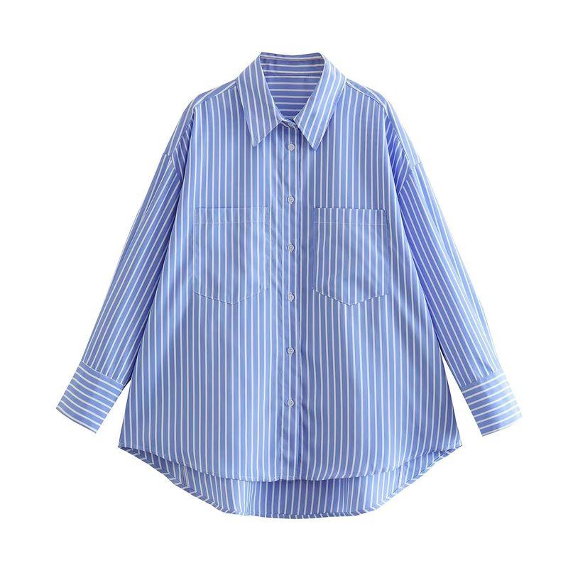 Spring New Arrival Women's Clothing Long Sleeves Lapel Versatile Casual Loose Inner Wear Bandage Dress Tops Blue and White Stripes Shirt
