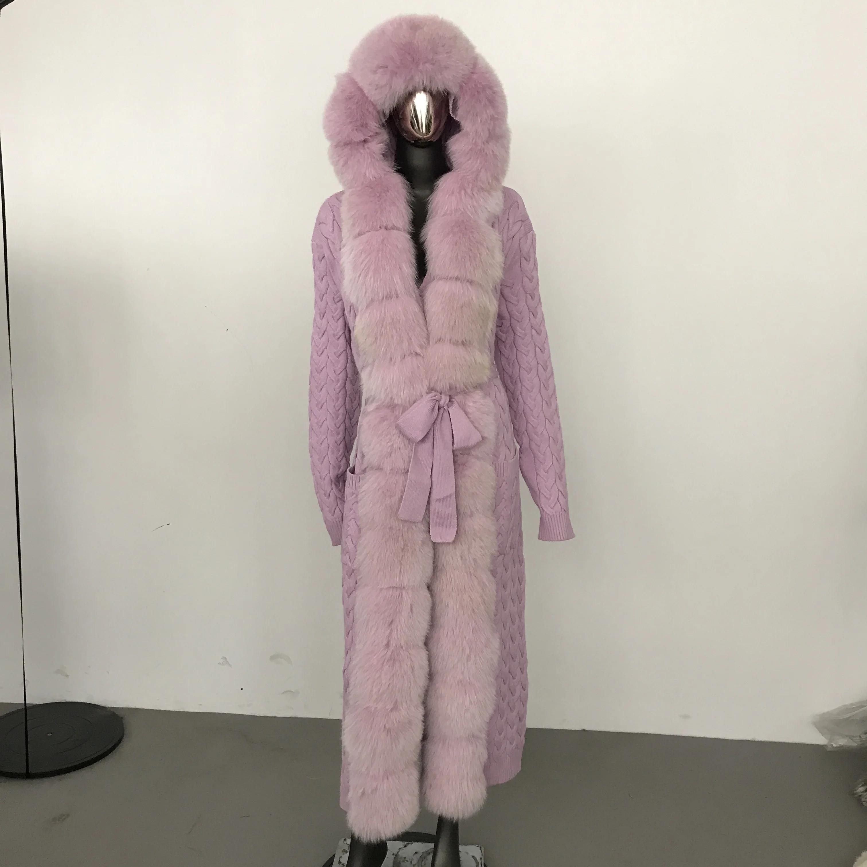 

OFTBUY 2024, осень-зима, съемный вязаный кардиган из натурального лисьего меха, тонкий длинный женский свитер с капюшоном, меховая куртка на шнуровке XXL