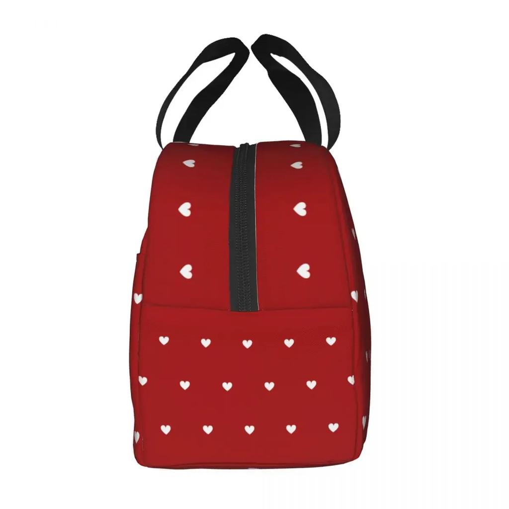 White Hearts Pattern On Red Background Lunch Bags Portable Insulated Cooler Thermal Picnic Travel Lunch Box for Women Children