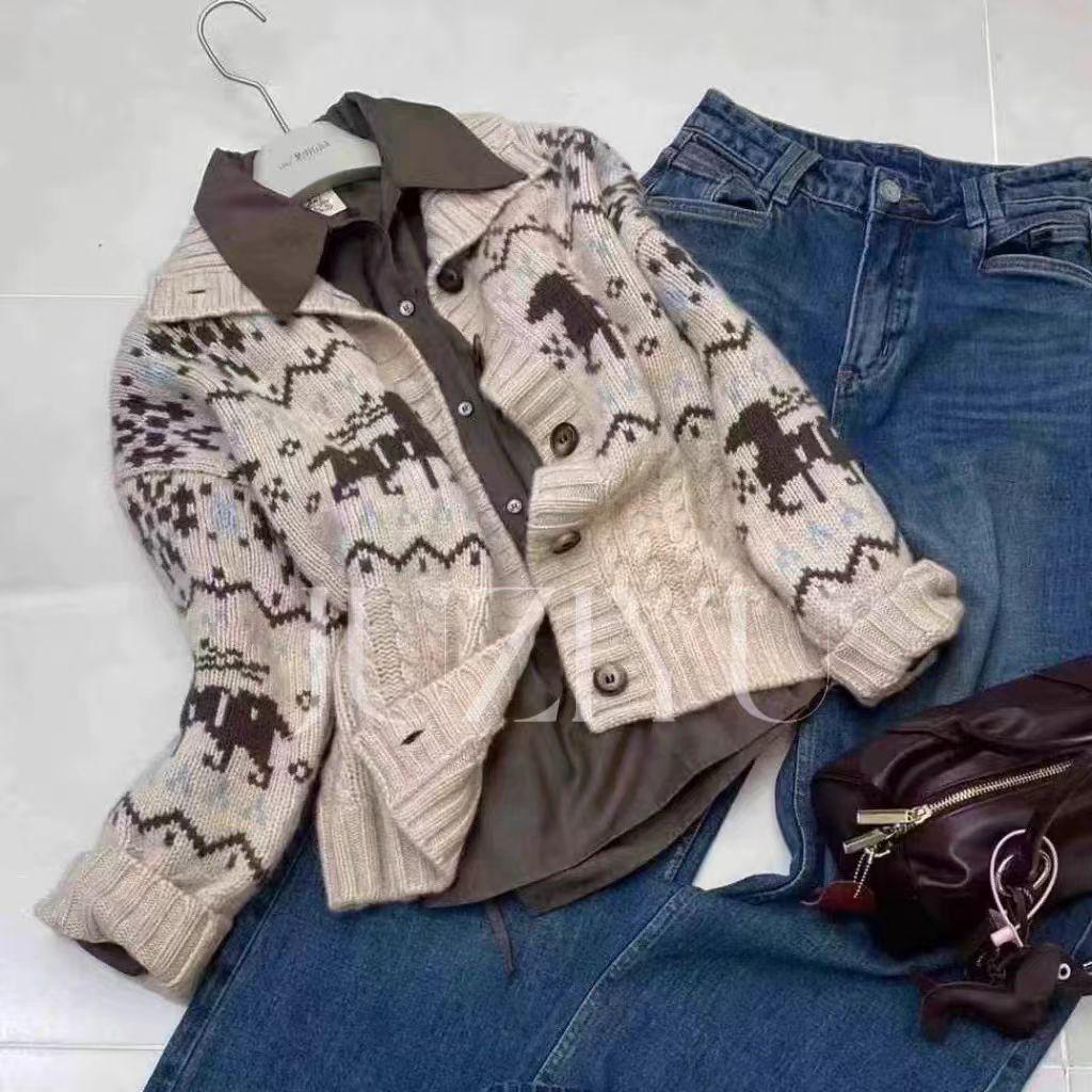 100% Wool Women's Cable Knit Color Block Sweater - Thick, Loose, Lazy Style for Autumn/Winter