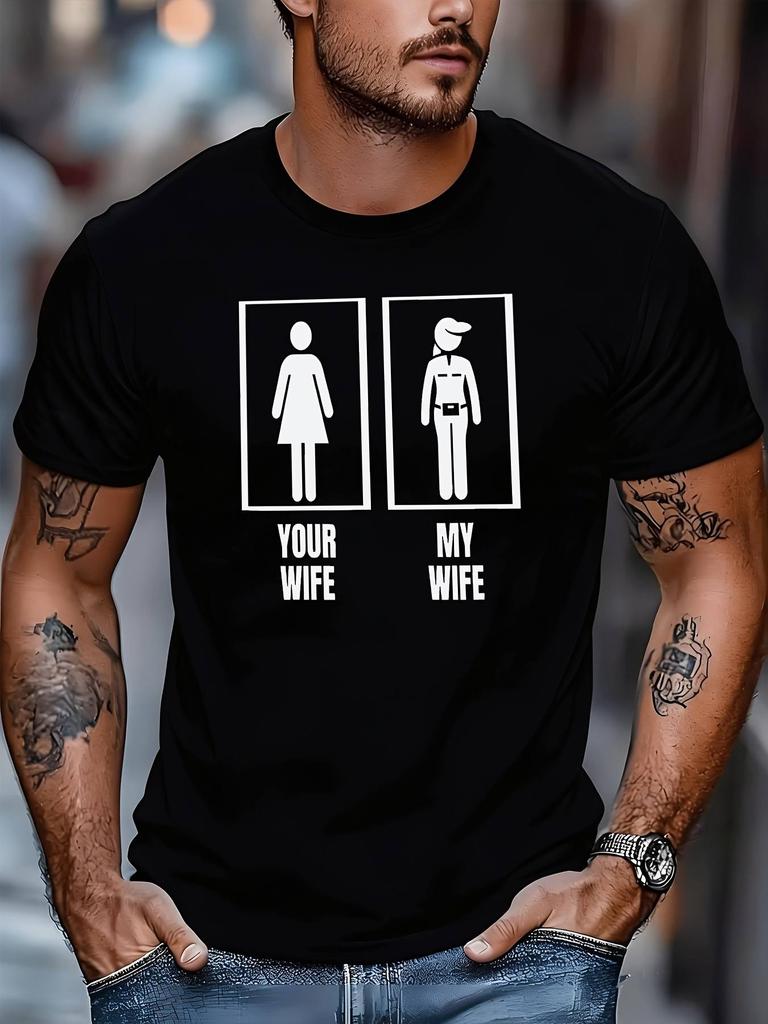 Men'S Fashion Casual Trendy Humorous Graphic T Shirt with Your Wife My Wife Restroom Sign Pattern Adult Men Street Style Daily Wear Holiday Gift Extra