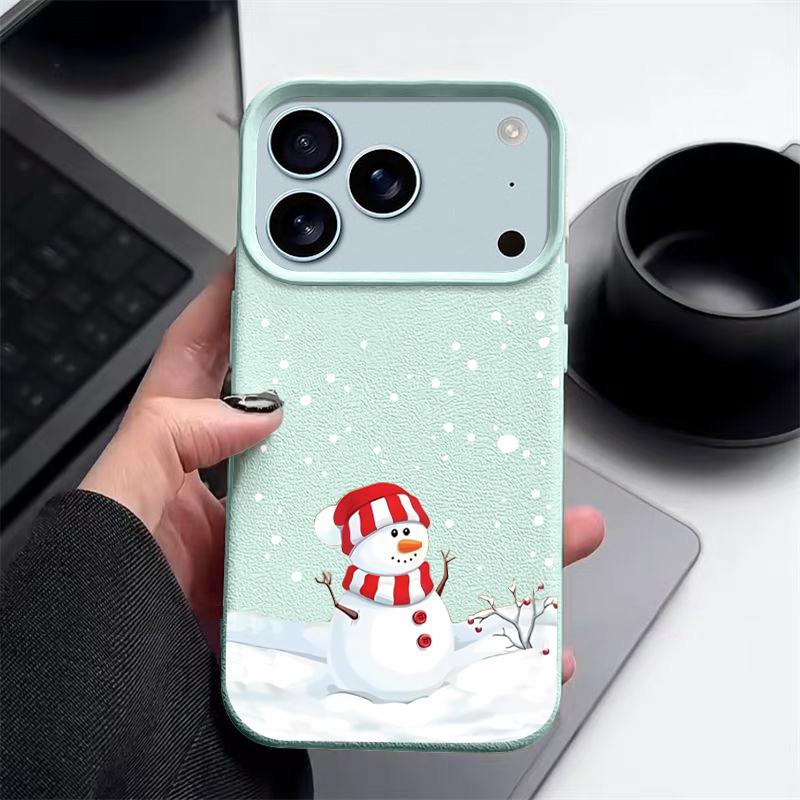 Christmas Winter Snowman Print Phone Case For iPhone Air 17 16 15 14 13 12 Pro Max 17 Pro 11 16e Leather Texture TPU Soft