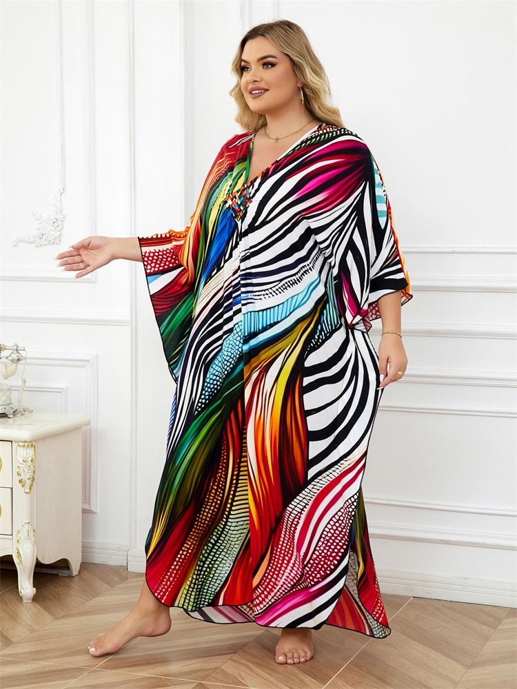 EDOLYNSA Sexy Plus Size Wine Red Kaftan Women's V-neck Batwing Sleeve Beach Dress 2024 Summer Vacation Beachwear Bathing Suit Cover Up