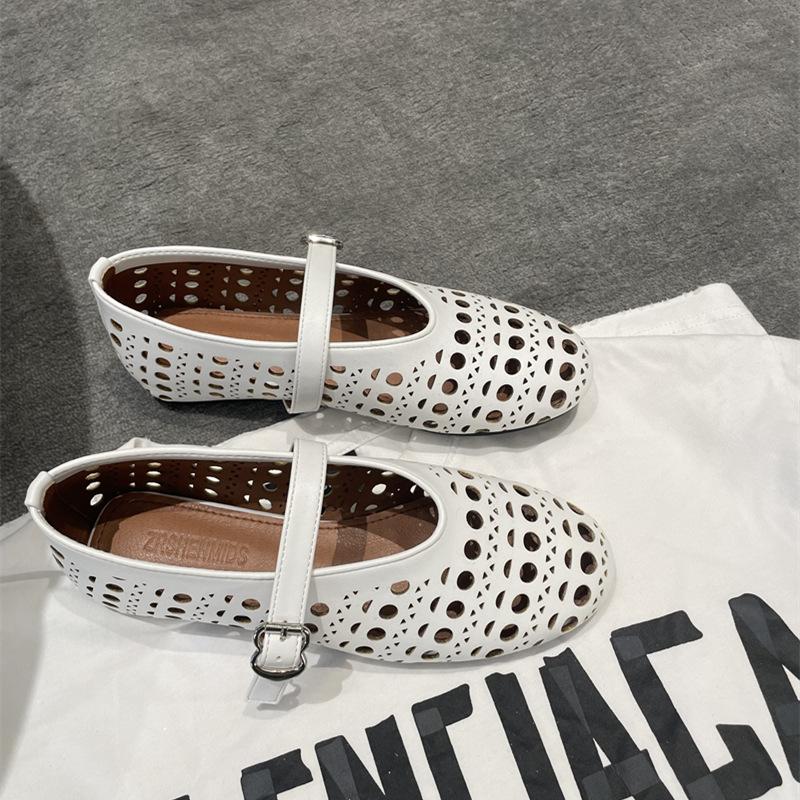 Spring and summer leather shallow mouth one-word buckle belt hollow round head flat sole shoes women's ballet boat shoes leather shoes