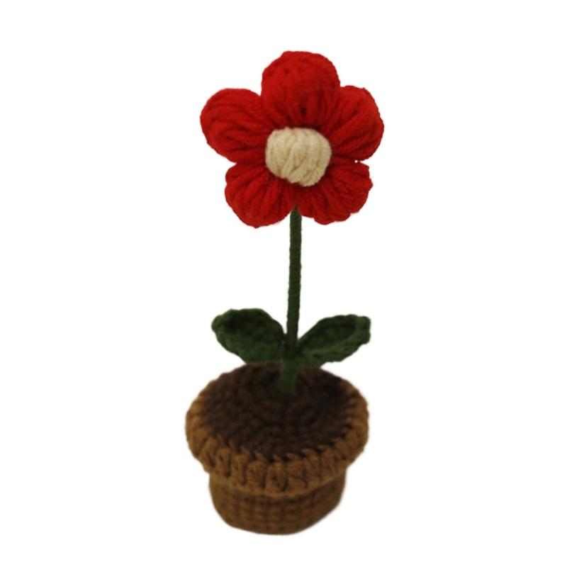 Crochet Heart Shape Flower In Pots Knitted Wool Mini Flower Potted Plant Romantics Ornament for Valentines Day Gift
