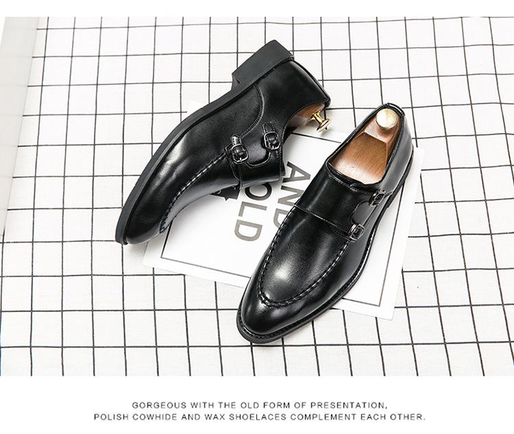 Men's Double Buckle Pointed Toe Leather Monk Shoes, Plus Size Formal Business Casual Footwear