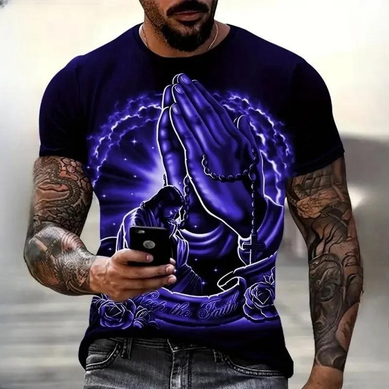 Praying Hands Faith Print Short Sleeve T-shirt, Casual Stylish Graphic Tee