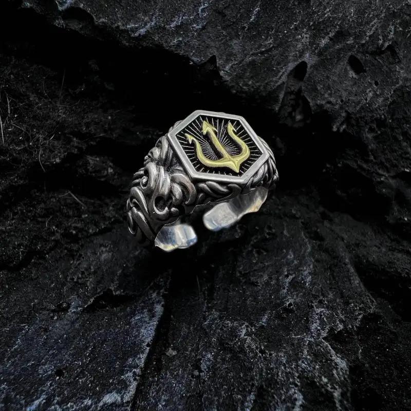 Retro Poseidon Compass Ring Silver-Plated Adjustable Hexagram Opening Jewelry Gift for Men and Women Hip-Hop Trend
