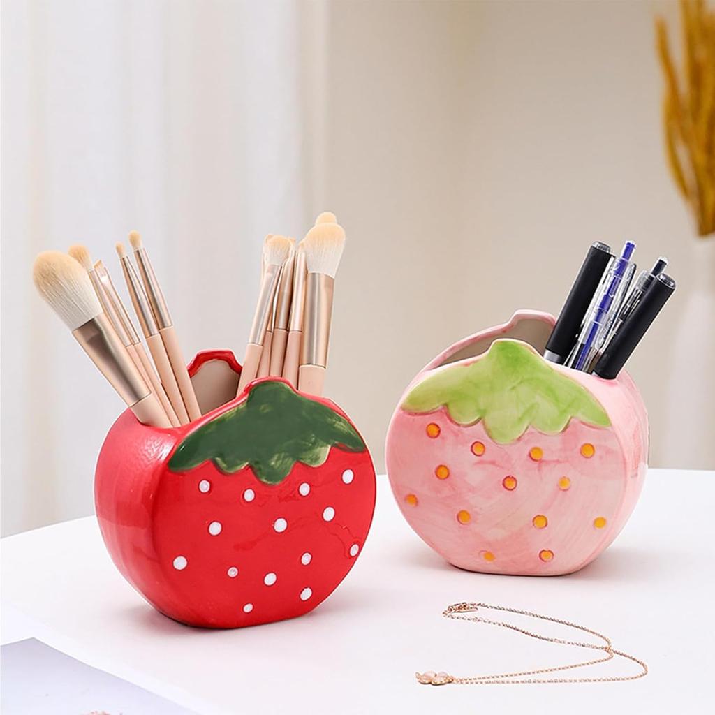 Toothbrush Holder Strawberry Pen Holder for Desk Cute Pink Vase Decor Makeup Brush Pencil Holder Kawaii Desk Accessories Aesthetic Office Home Decor