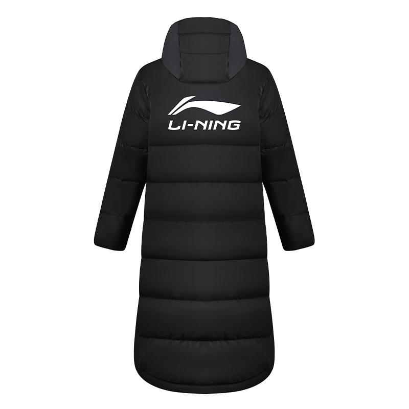 Li Ning Campus Series Solid Color Letter Logo Printed Long Hooded Down Jacket Unisex Outerwear Black YYMU149-1