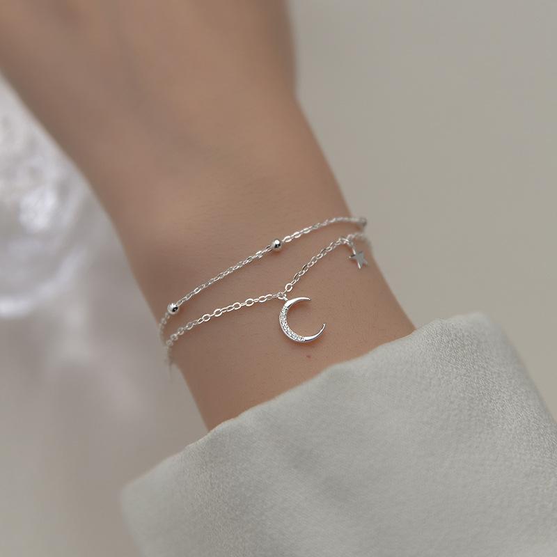 Fashion Genuine 925 Sterling Silver Double Layer Beads Chain Moon Star Charm Bracelets for Women Wedding Valentine's Day Jewelry