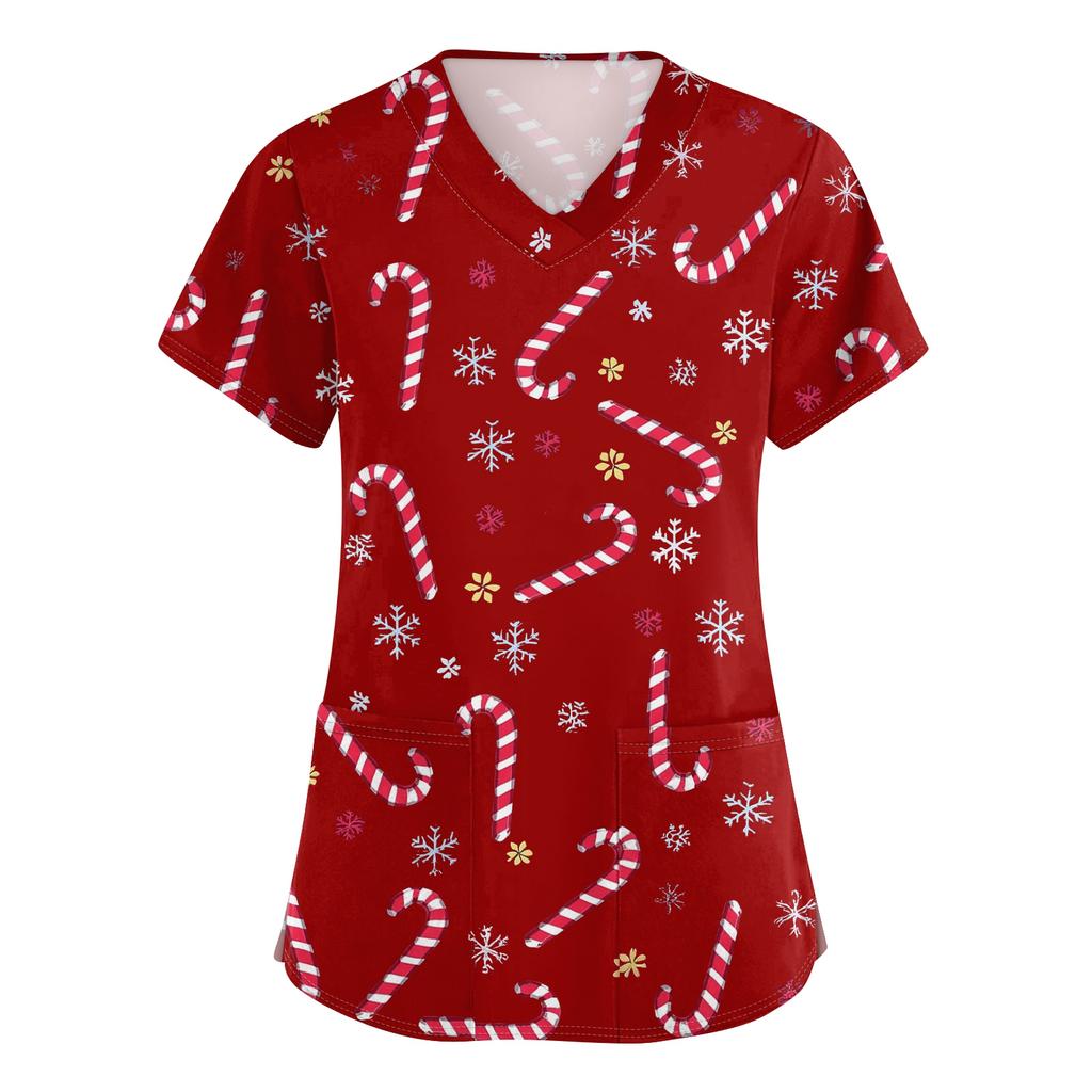 Women's V-neck Christmas printed short-sleeved pocket side-slit protective suit top
