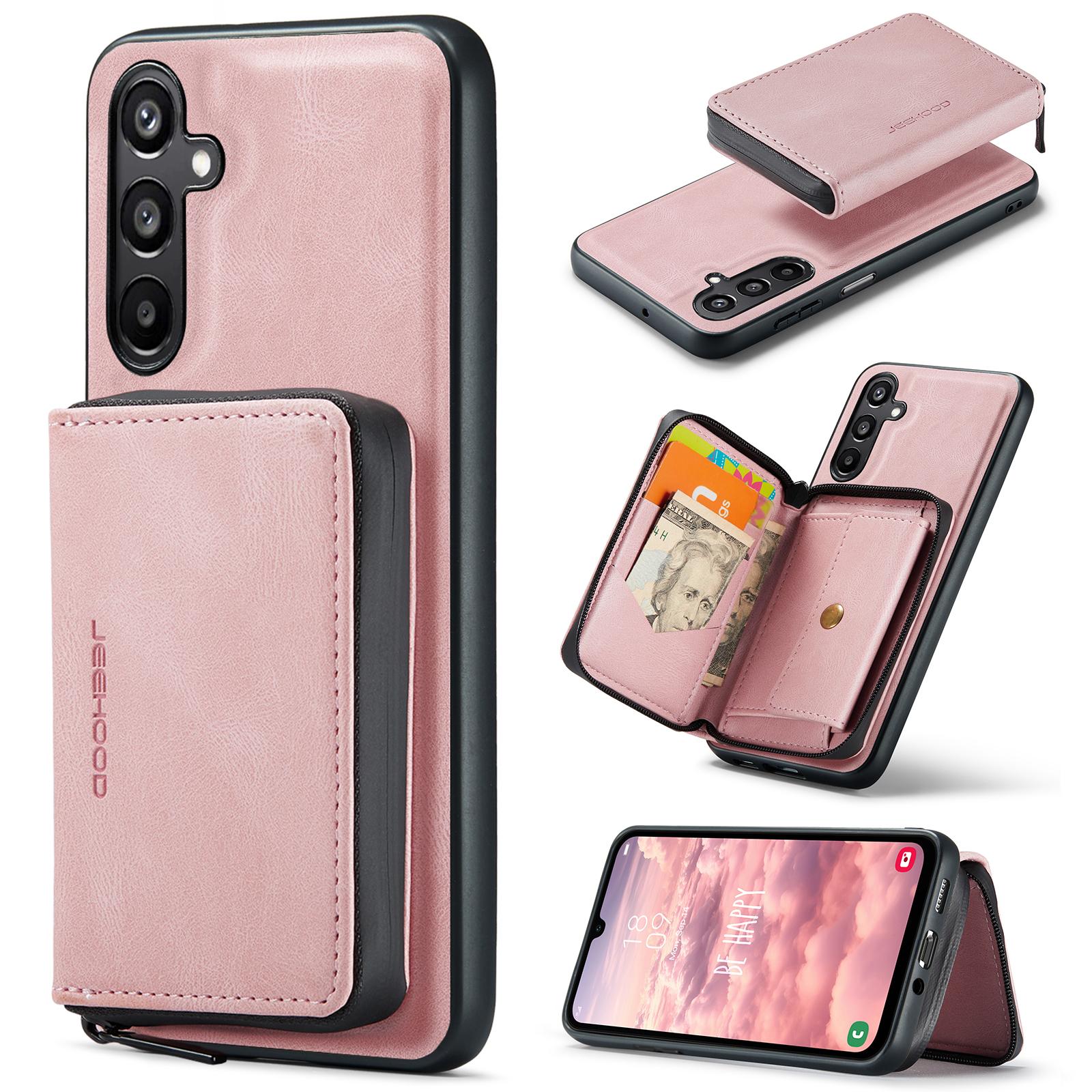 

For Samsung Galaxy A16 5G Case JEEHOOD J02 Leather Back Cover with Detachable Zipper Card Holder Kickstand E