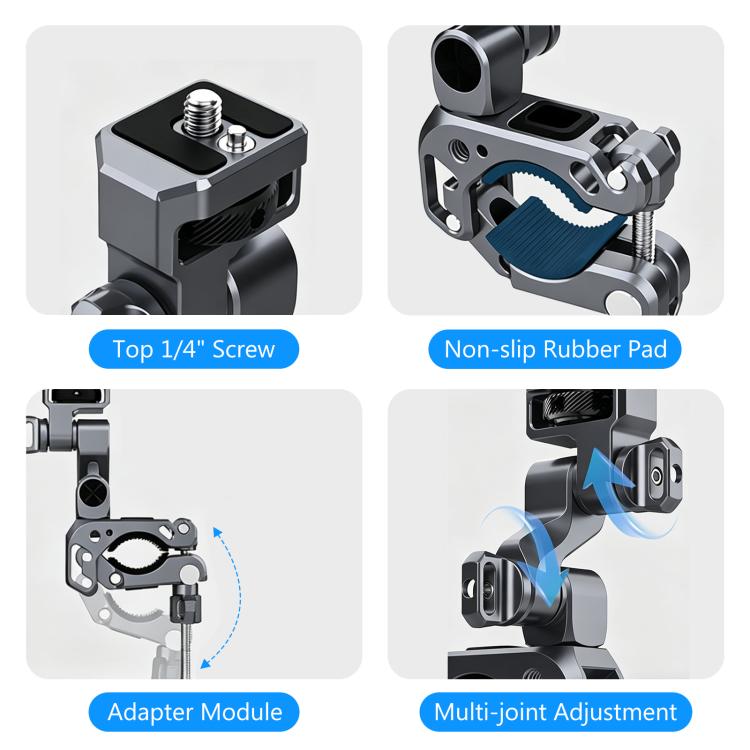 PULUZ Grey 3‑Way Aluminum‑Alloy Handlebar Mount, Dual‑Lock Dampened Bracket for Motorcycle & Bicycle Panoramic / Action Cameras
