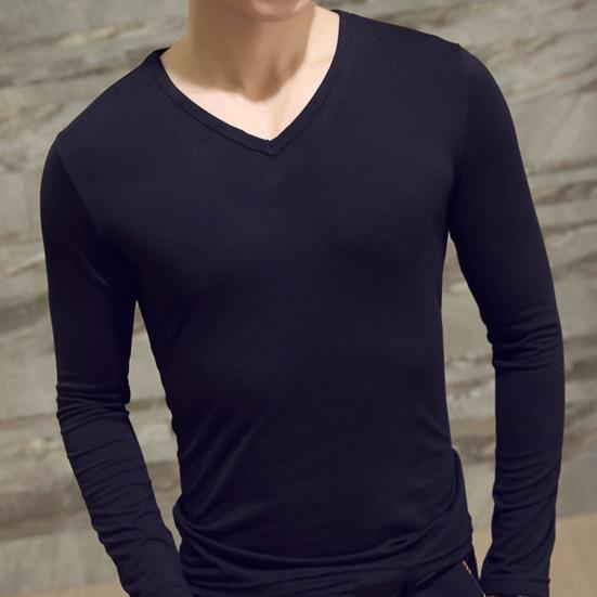 Men Shirt Solid Color Pullover Casual V Neck Long Sleeve Slim Autumn Base Shirt for Daily Wear