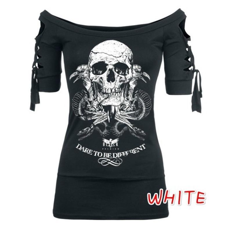 Stylish Women's Fashion Skull Printed Cool Black T-shirt Plus Size Slash Slit Tops