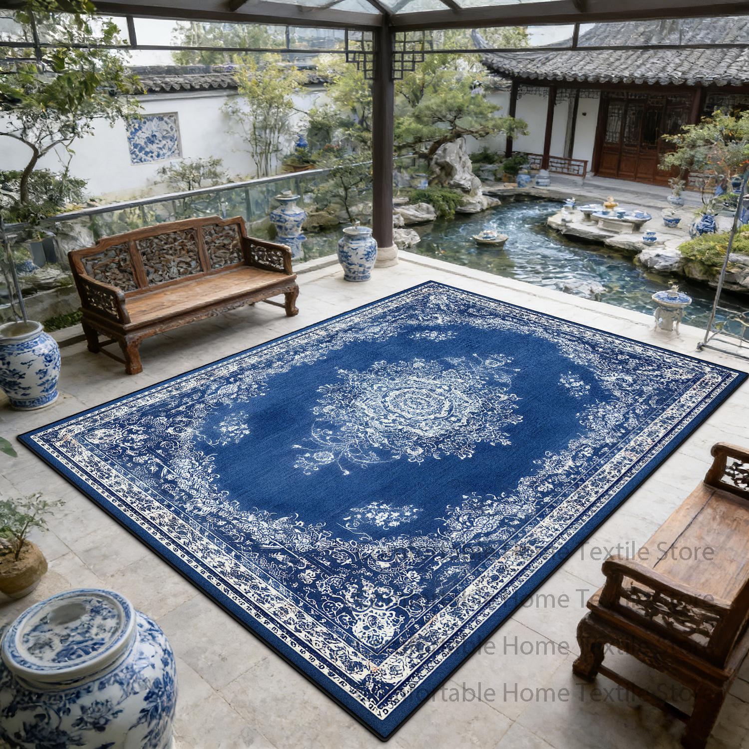 

Blue Classic Persian Style Soft Courtyard Carpet Decoration Living Room Antiskid Luxury Rug Large Size Easy Cleaning Floor Mats 60x90cm