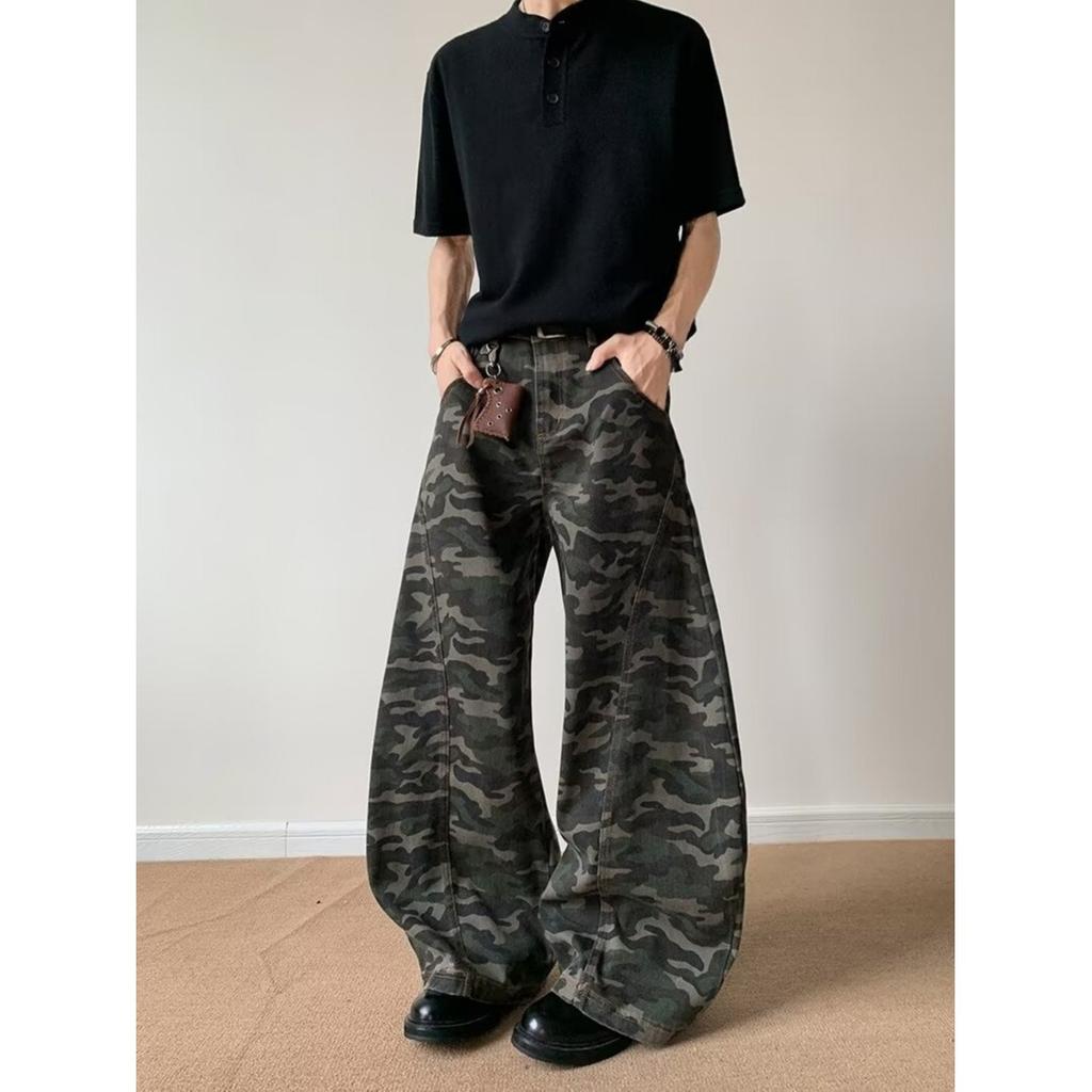 Men's Mid Rise Washed Cat Whisker Barrel Jeans Loose Wide Leg Denim Pants American Vintage High Street Y2K Casual Four Seasons Long Trousers