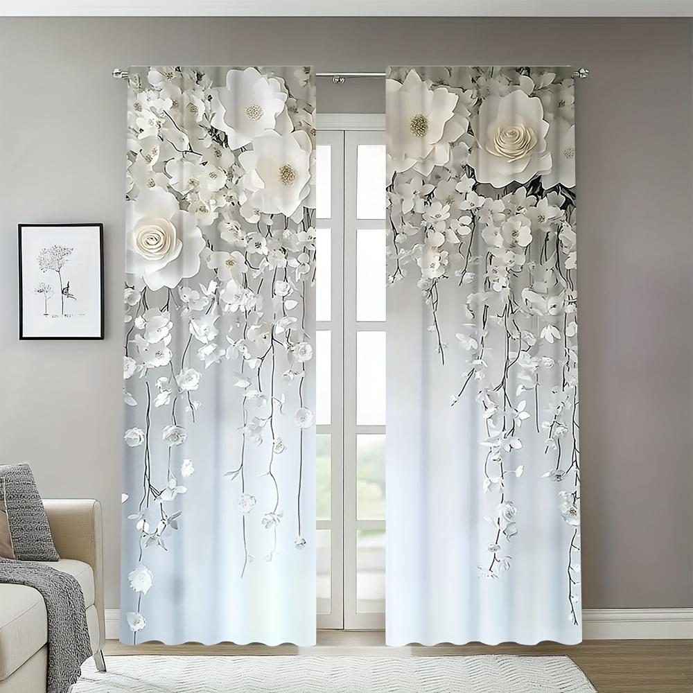 2pcs Elegant White Floral Print Curtains – Rod Pocket Design   Ideal for Living Room Bedroom Office Caf and Vacation Home Decor