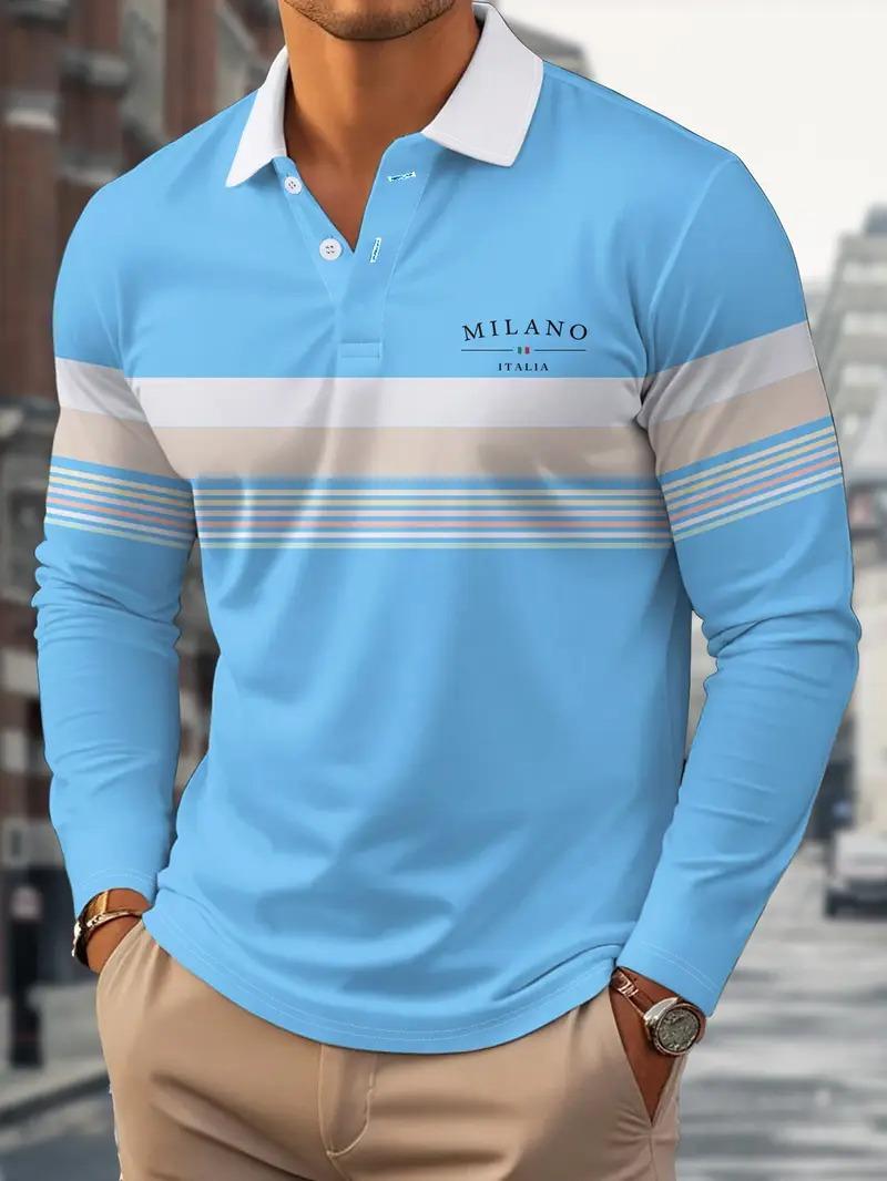 

Men s minimalist striped Italian letter print long sleeved polo shirt fashion spring and autumn outdoor golf casual Men clothing 3XL небо