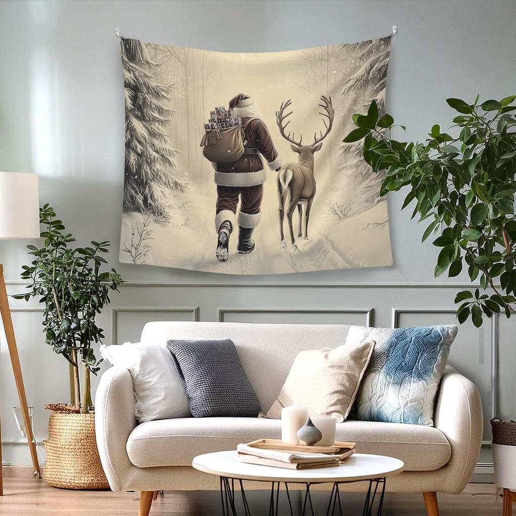 Vintage Santa Reindeer Winter Christmas Hanging Wall Tapestry for Bedroom Rustic Cozy Winter Forest Deer Christmas Holiday Wall