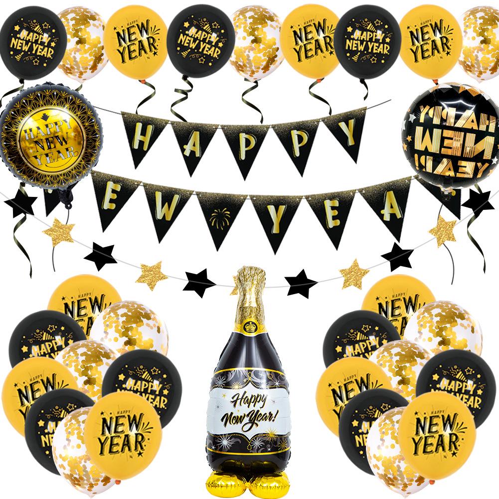 Ornamental New Year Party Décor: 12-Inch Latex Balloons & Pull Flag Arrangement with Aluminum Film Balloons