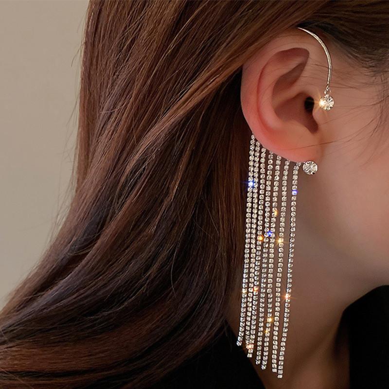 Ny Luksuriøs Skinnende Zirkon Rhinestone Lang Duskel Øreklem Ørepynt Øremansjett Utsøkt Ørepynt Bryllupsfest Zirkon