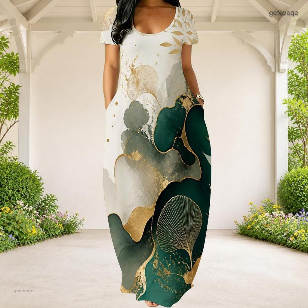 Women Plus Size Round Neck Short Sleeve Black Floral Tree Print Loose Long Dress With Side Pockets