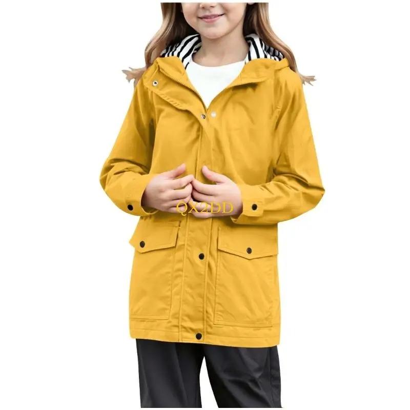 Kids Boys Girls Lightweight Waterproof Raincoat Zipper Pocket Youth Button Hooded Windbreaker Coat