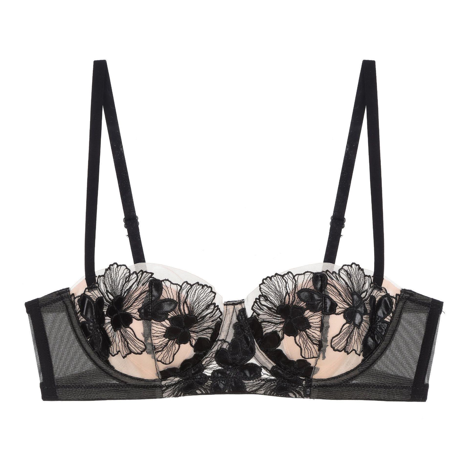 

Французское женское летнее тонкое кружевное бра с вышивкой и чашками в виде кроличьих ушек, для большой груди, маленькое, предотвращающее провисание, сексуальное нижнее белье 85C чёрный