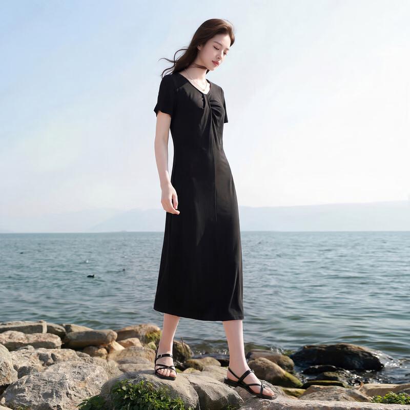 Sancai Lyocell Cotton Plus Size V-Neck Waist-Cinching Dress