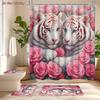 4Pcs White Tigers And Pink Shower Curtain Set with Non-Slip Bath Mat, Toilet Lid Cover, Contour Rug & 12 Hooks, Bathroom Decor
