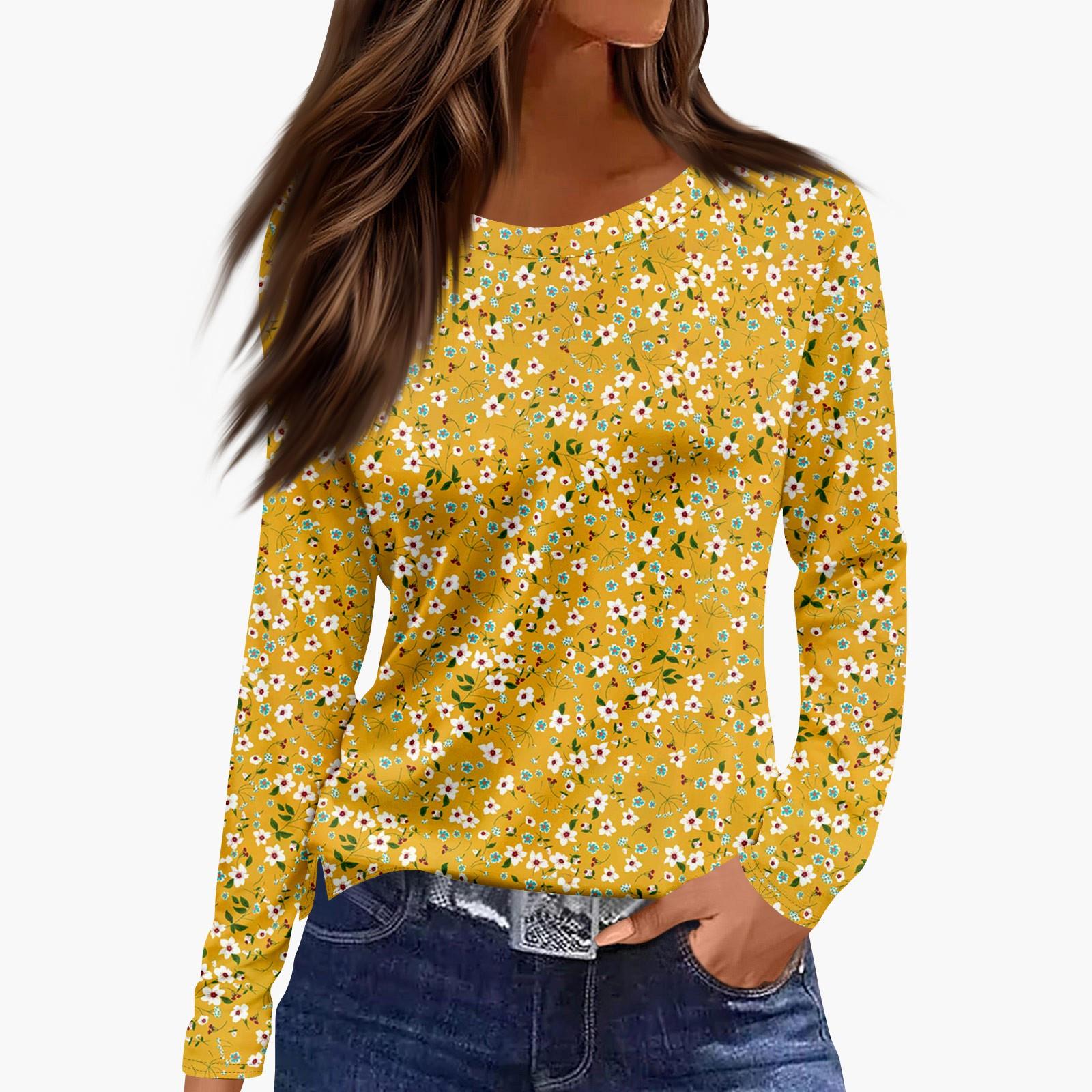 

Ladies Fashionable Casual Long Sleeved Popular Retro Floral Print Pullover Top XL жовтий