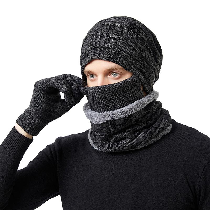 Winter Knitted Scarf Hat Glove Sets for Women Men Skiing Cap Cotton Lining Mask Touch Screen Woolen Gloves Plus Velvet Warm Thicken Beanies