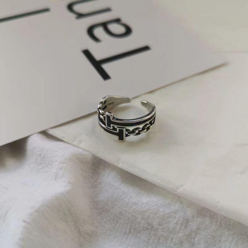 

Tide Retro Black Double T Open Ring Female Personality Niche Hip Hop Design Sense Index Finger Ring