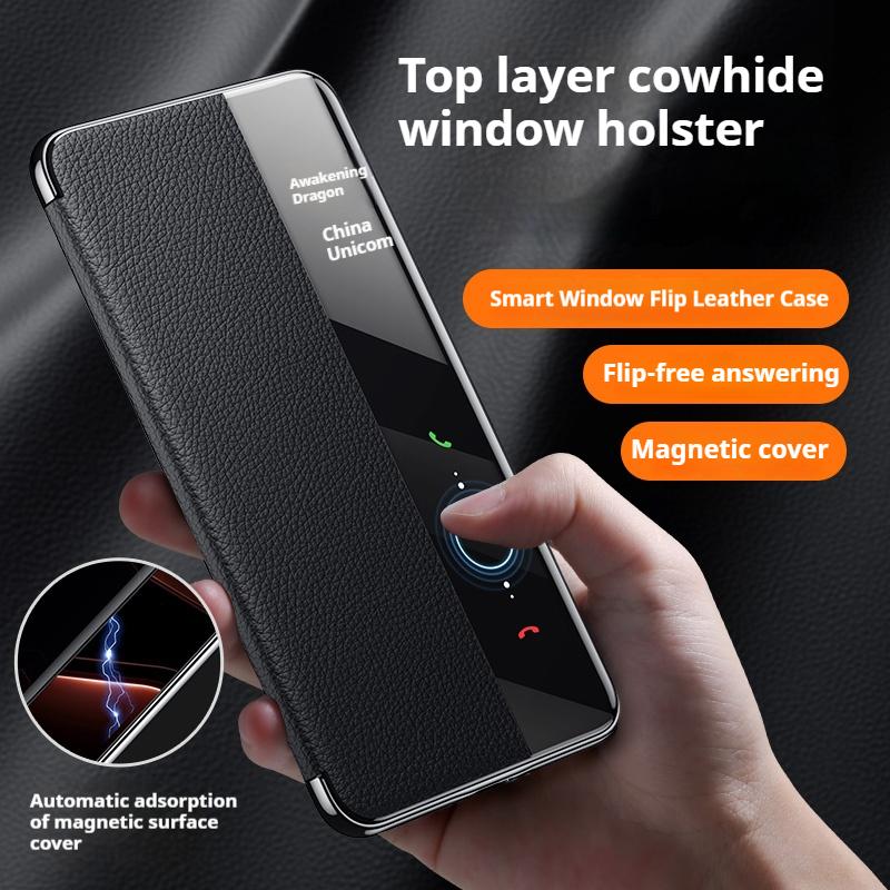 Genuine Leather Flip Cover Case For HUAWEI Mate 70 Pro RS Mate 60 Smart View Wake Sleep Call ID Display