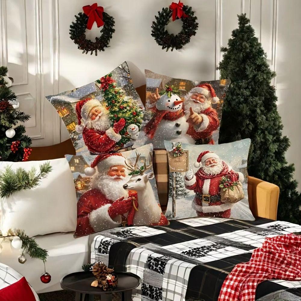 Snowman Christmas Pillow Covers Elk Xmas Party Santa Claus Throw Pillow Covers New Year Cartoon Cushion Covers