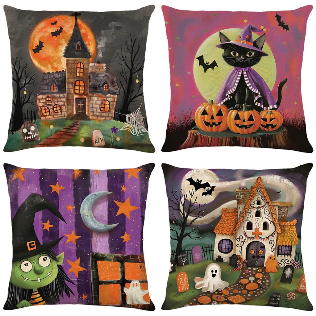4 Pack Halloween Linen Throw Pillow Covers Cushion Case Vintage Square Pillowcase for Couch Sofa Bed Living Room Home Decor