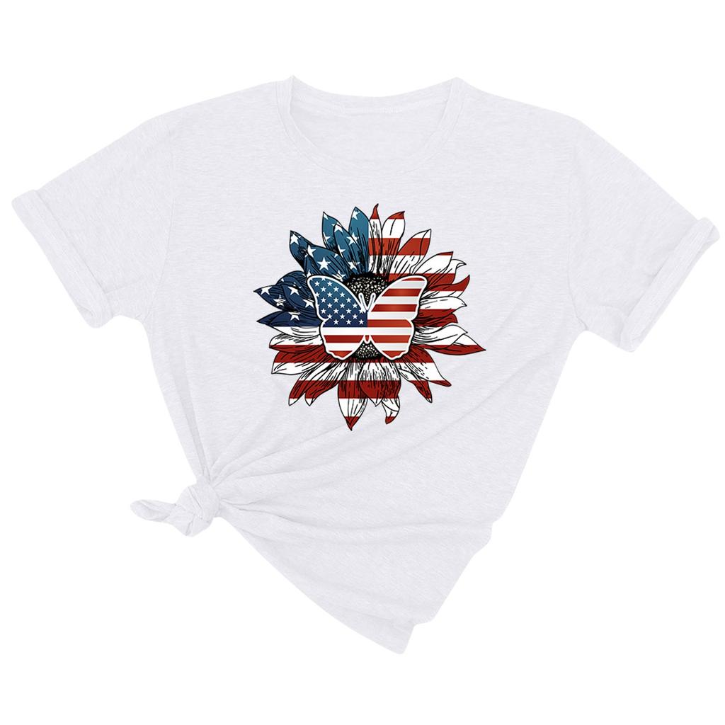 Women's Summer Casual Loose Sunflower Print T-shirt Round Neck Pullover Short Sleeve