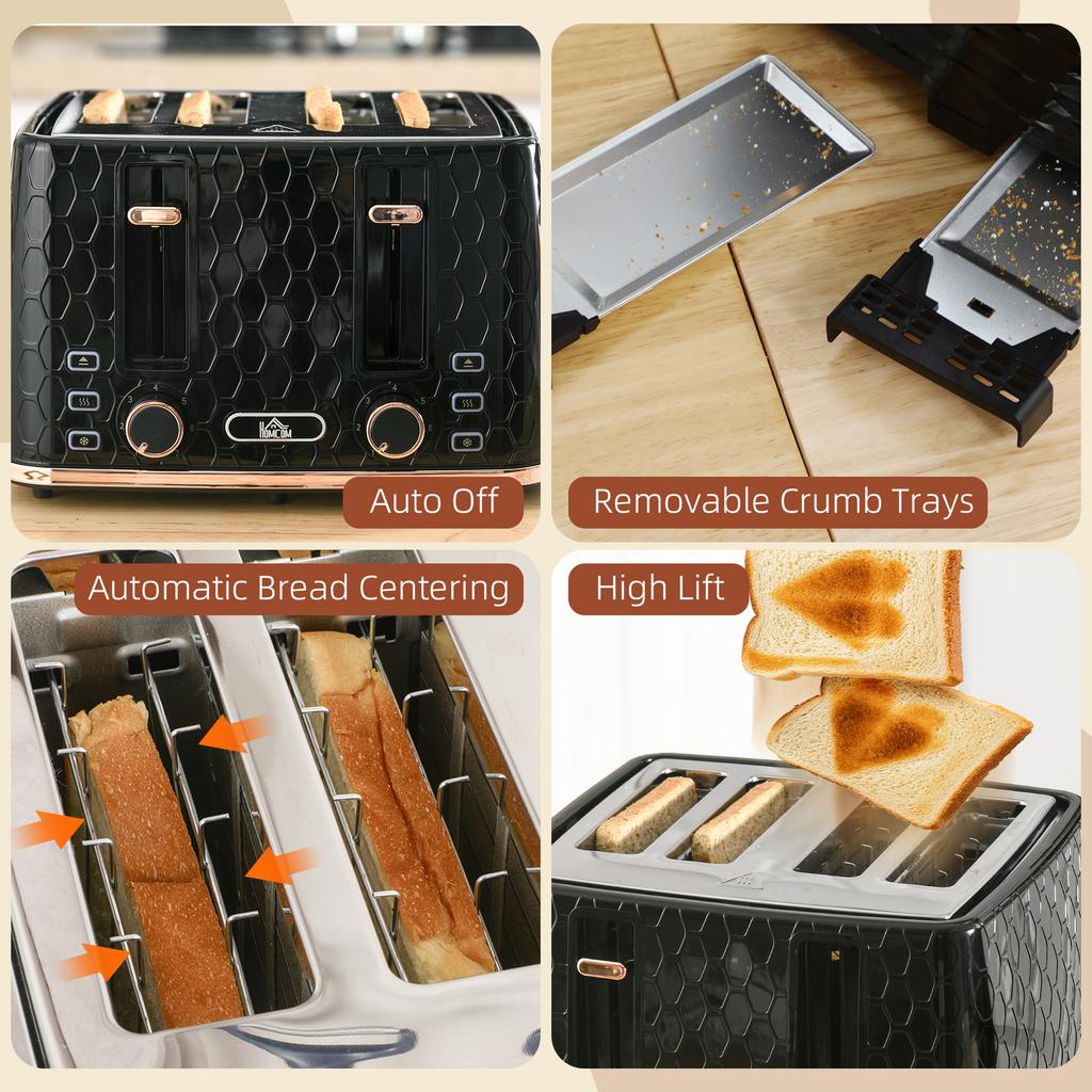 4 Slice Toaster with 7 Browning Levels, High Lift, Reheat/Defrost/Cancel, Self-centring Function, Removable Crumb Tray, Auto Off, 1600W