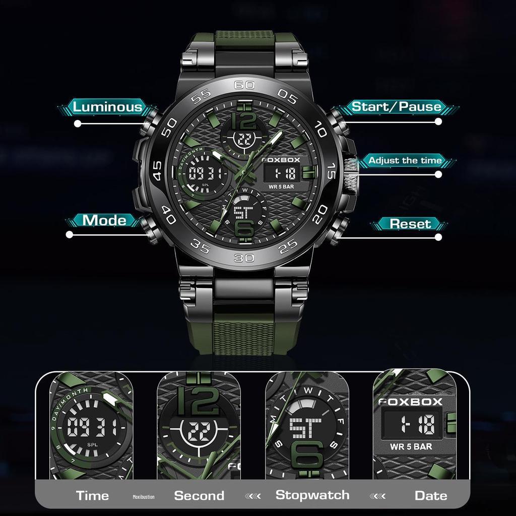 Men's Dual Display Waterproof Silicone Sport Watch with Calendar & Luminous Features