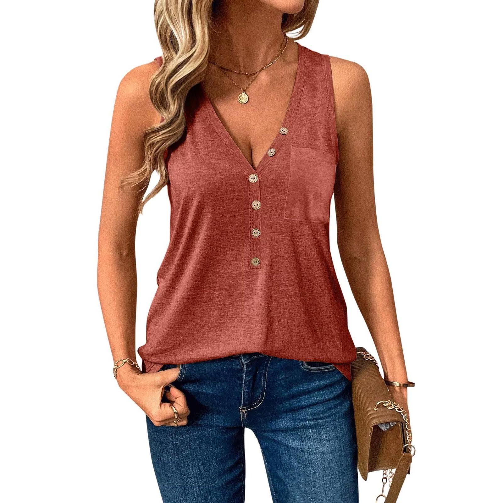 

Women s V-neck Loose-fitting Sleeveless Casual Tank Top With Pockets XL Кіновар