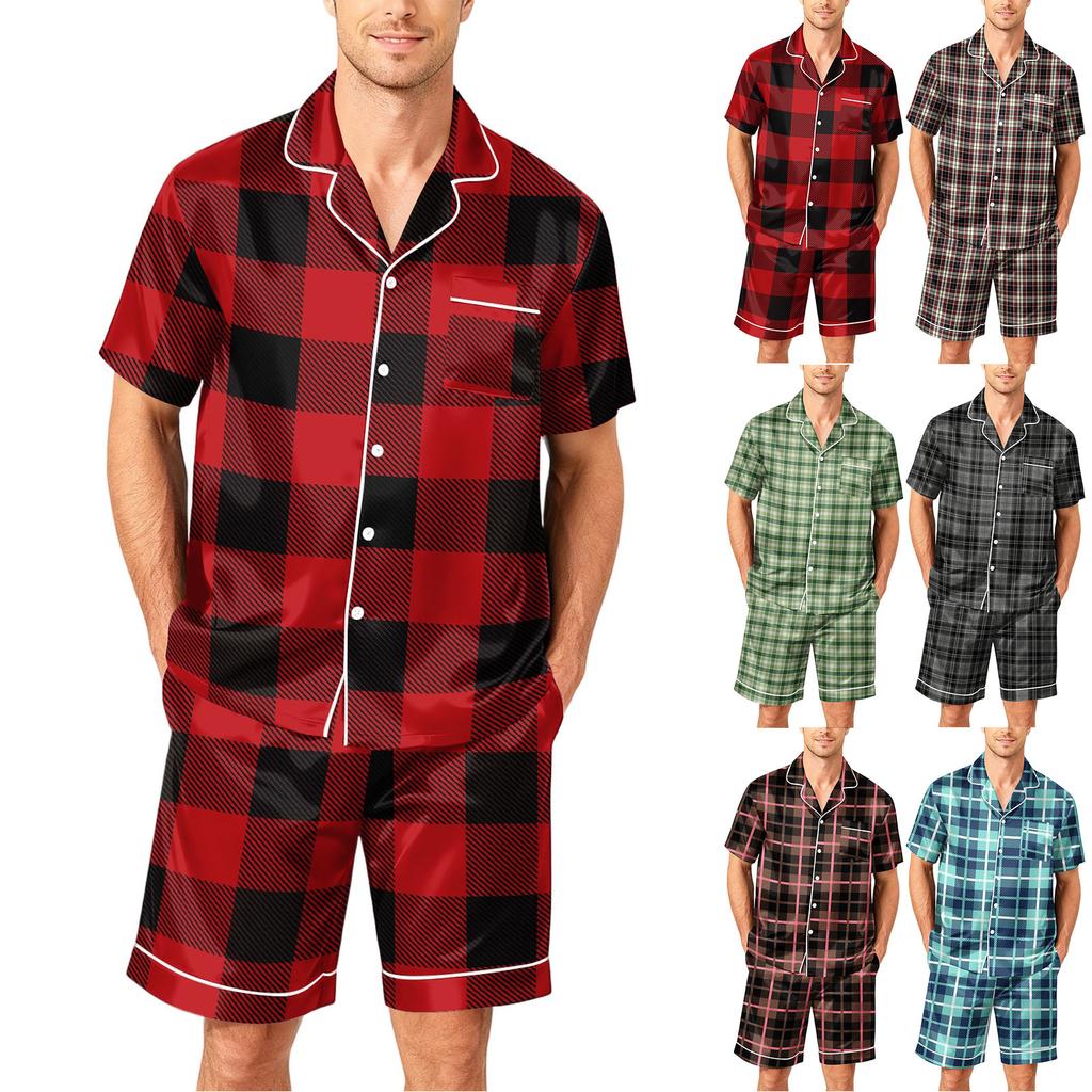 Men's Short Sleeve Button Down Pajama Set with Shorts Soft Casual Sleepwear Lounge Set Available in Sizes S to XXXXL