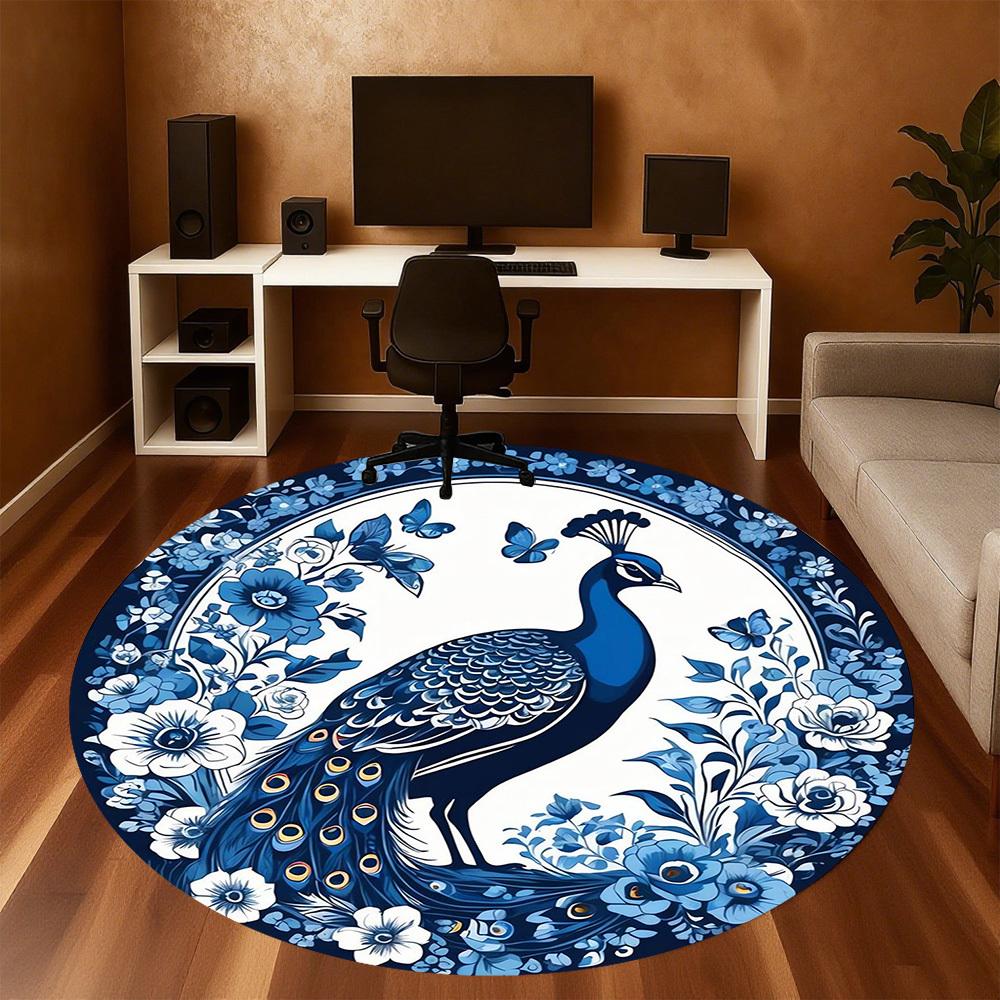 1pc Peacock Flowers Round Chair mat Area Rug - Non-Slip, Floor Mat for Office, Bedroom, and Indoor Decor -1002210