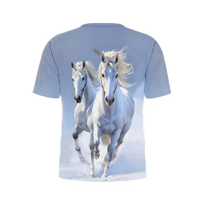 Men's 3D Printed White Horse Pattern T-shirt Humorous Digital Printed Short Sleeved T-shirt Breathable Polyester Round Neck Casual