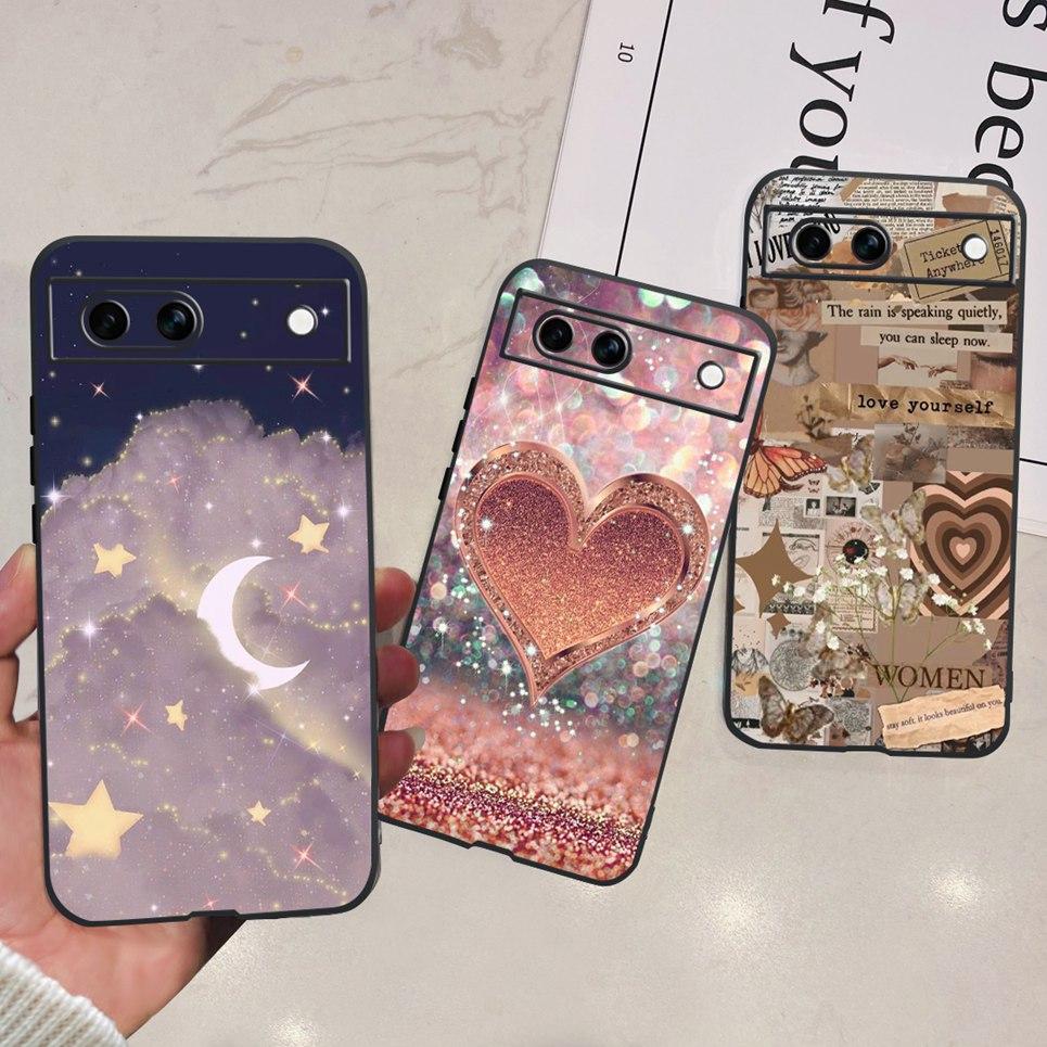Black Matte Silicone Back Cover For Google Pixel 8A Painting Case Cartoon Lovely Cat Butterfly Flower Bumper Google 8A Soft Etui