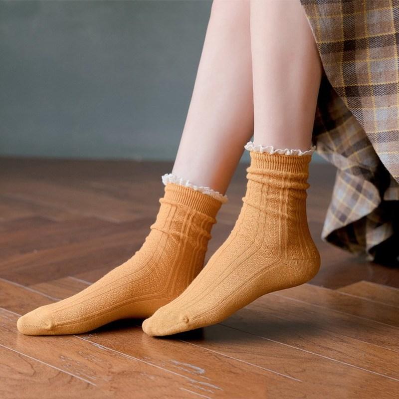 Lacework Ruffles Socks Solid Cotton Breathable Harajuku Vintage Streetwear Crew Sock Japanese Kawaii Cute Women's Socks
