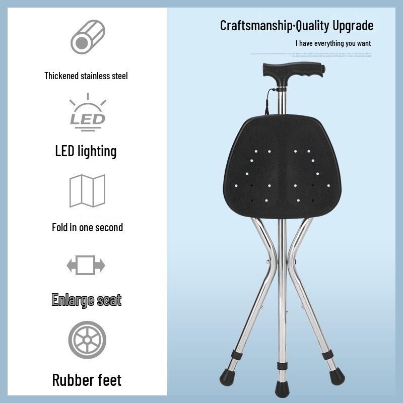 Elderly Non-Slip Folding Cane Stool with Light - Portable Lightweight Hiking Aid