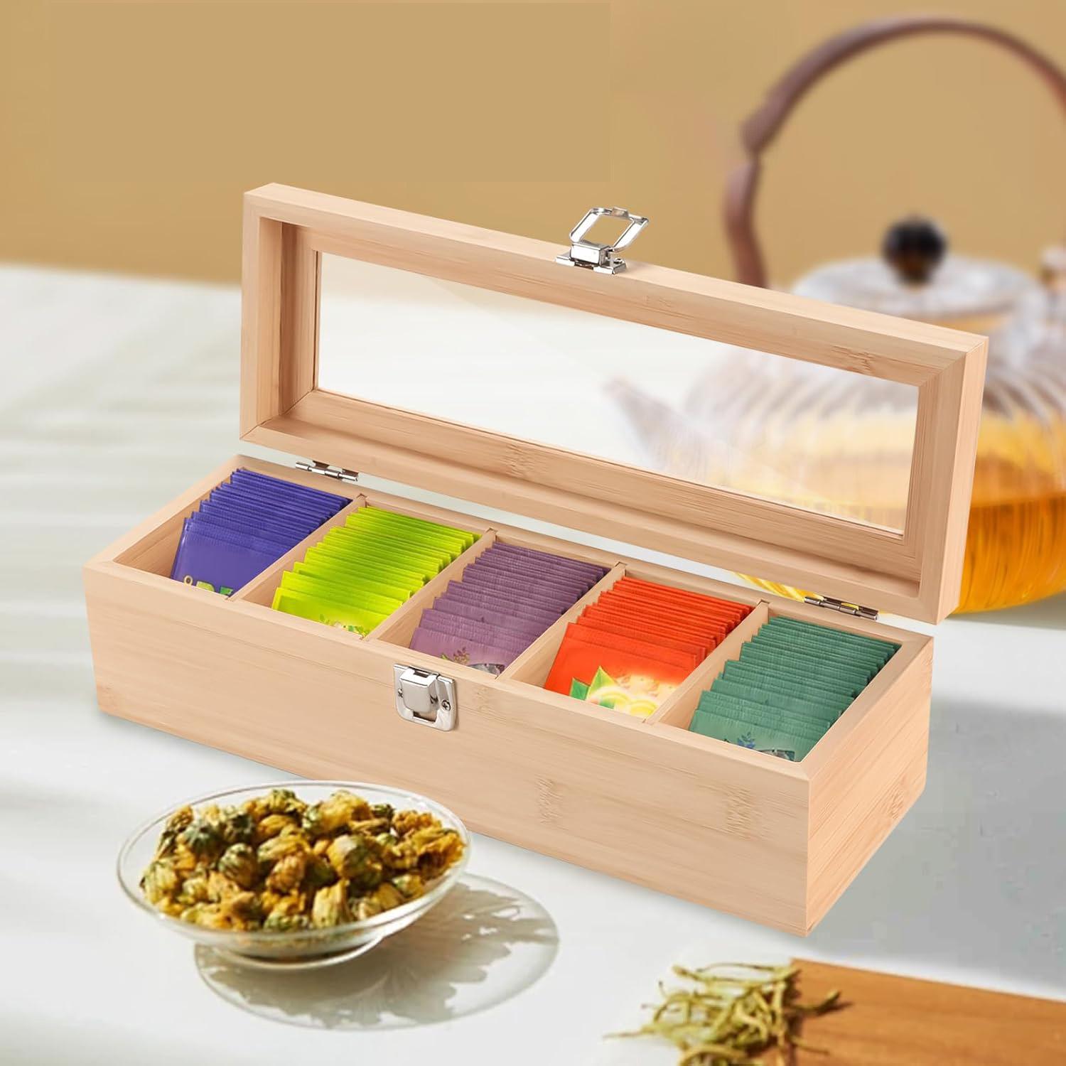 Bamboo Wood Tea and Coffee Storage Box with Transparent Glass Multi-Compartment 30 x 10 x 9 cm