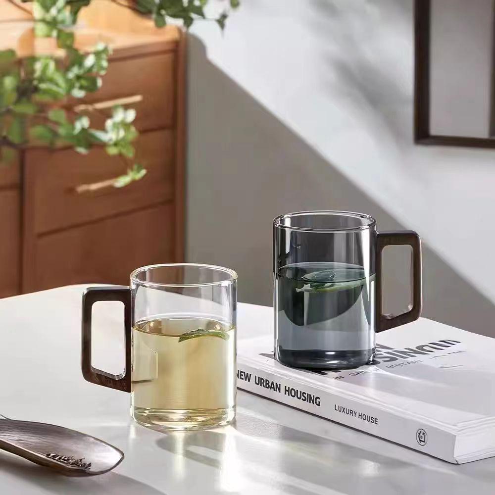 High-End Green Tea Glass Cup Set with Wooden Handle - Large Capacity, Thickened, High Temperature Resistant